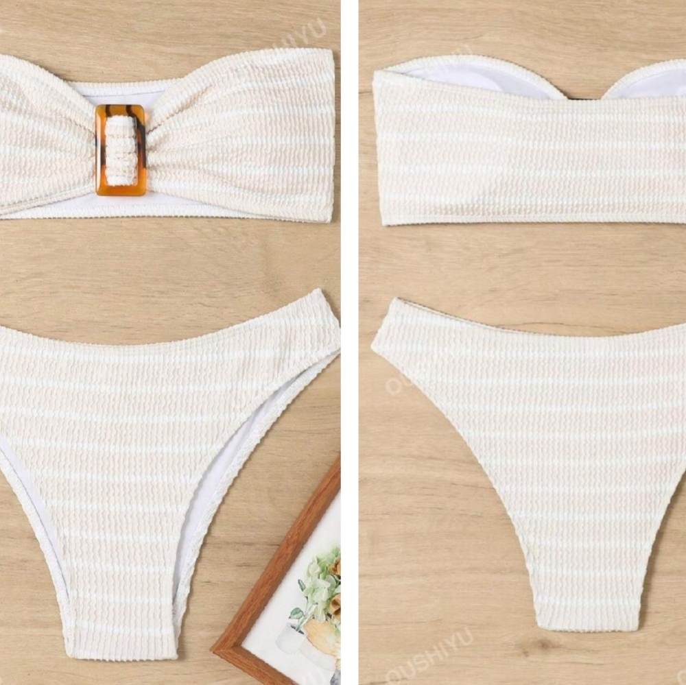 Striped Buckle Ruched Bust Bandeau Bikini Set